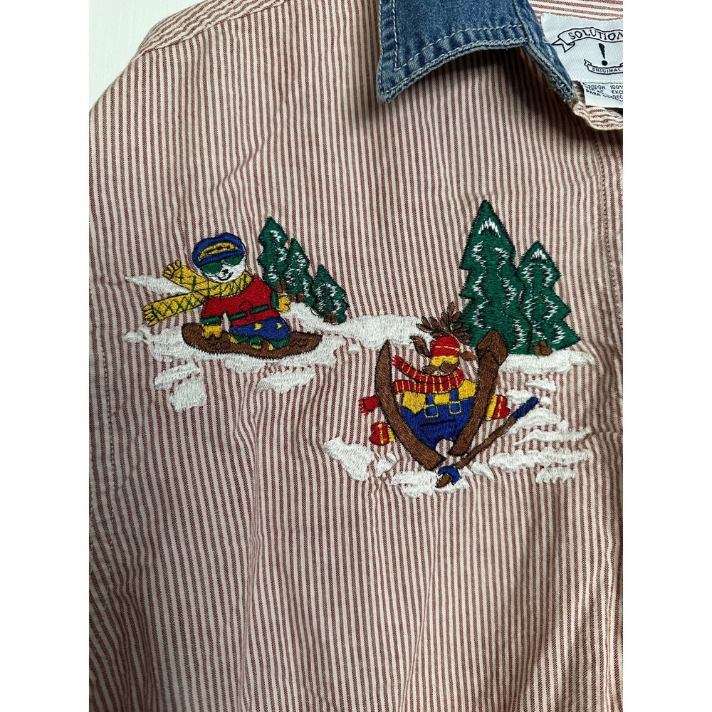 VTG Solutions Original Size M Striped Embroidered Skiing Animals Button Up Shirt - Picture 3 of 8